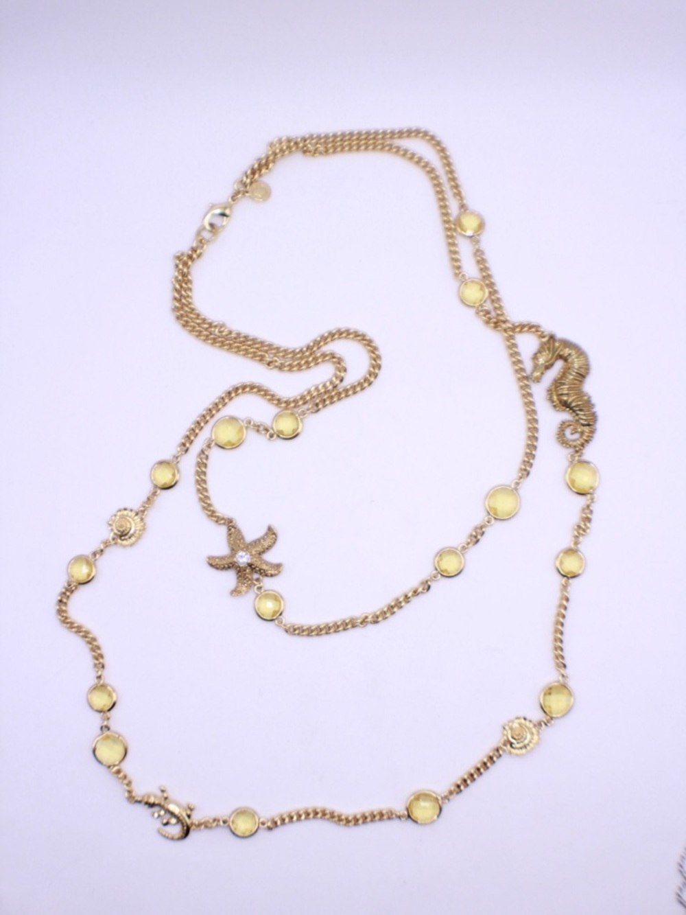 C Wonder Charm Necklace Oceanic Gold Tone Yellow Glass Crystal 25”, 34”